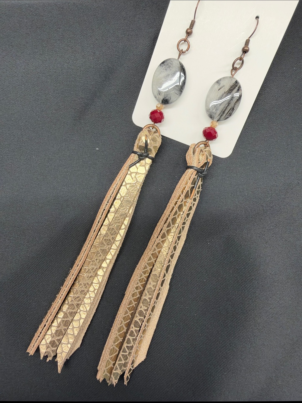 NEW Handmade Gold and Beige Tassel Drop Earrings with Quartz and Red Accents